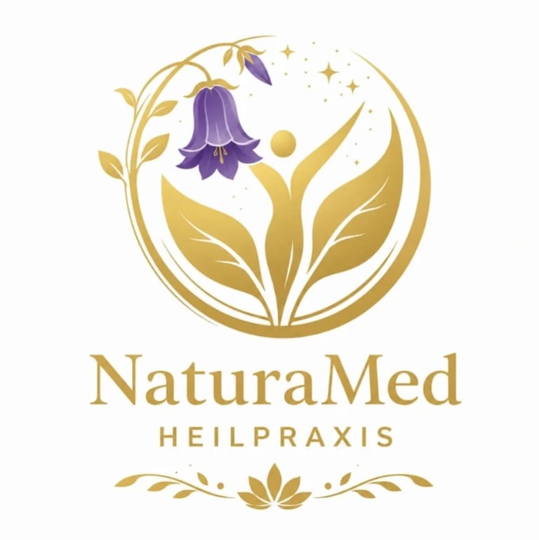 NaturaMed Heilpraxis logo featuring gold botanical elements with purple flower in circular frame